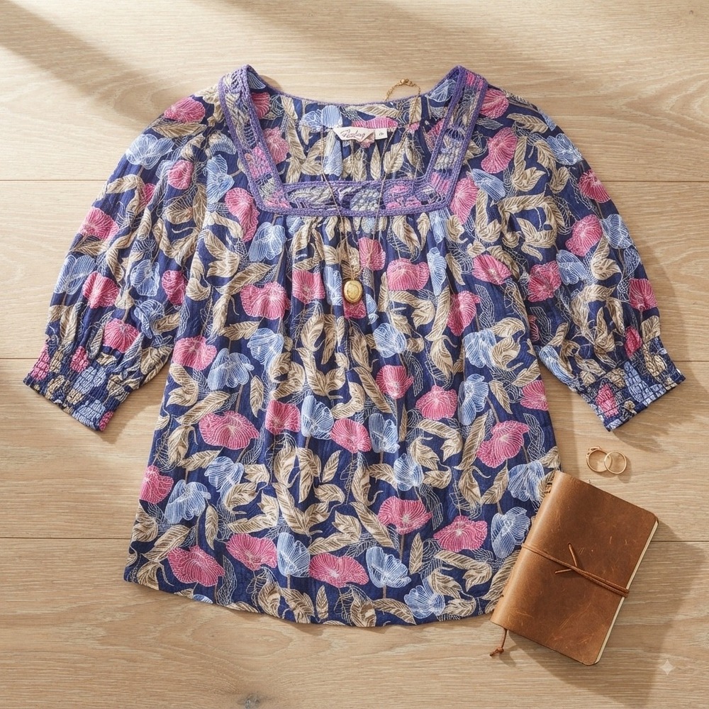 Caffe Marrakesh Womens 3X Floral Crochet Square Neck Boho Peasant Blouse Navy